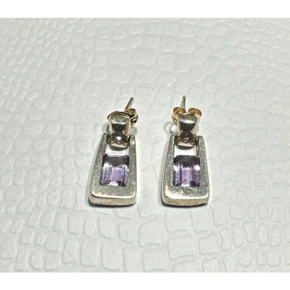 Vintage Sterling Silver and Amethyst Door Knocker Earrings Pierced Dangle Modern - Picture 2 of 6